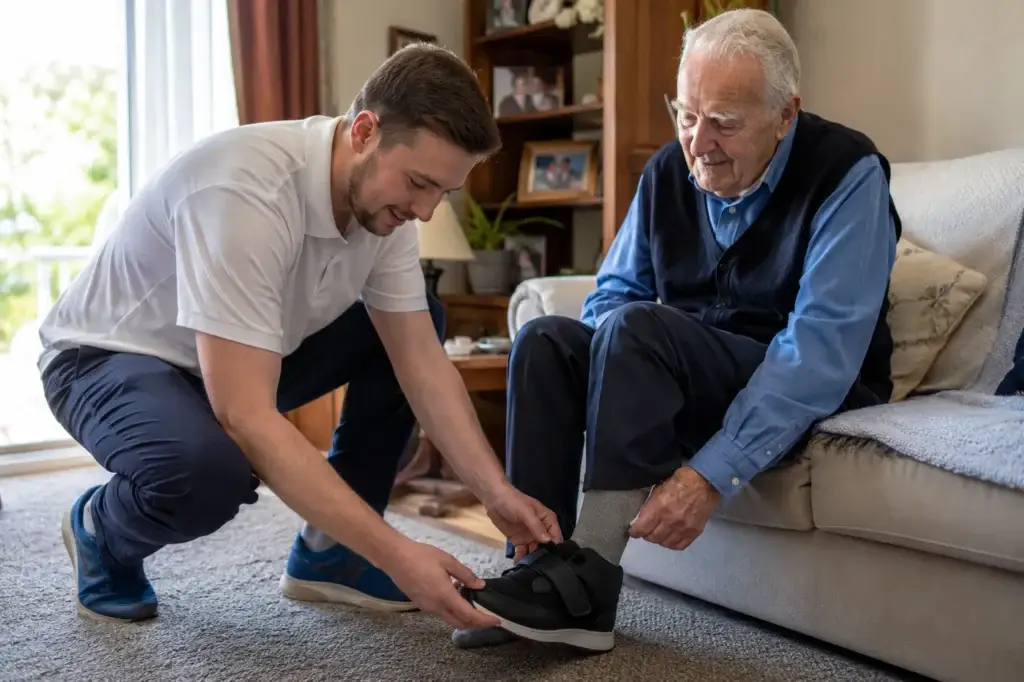 Caregiver helping elderly man put on adaptive shoes with velcro straps