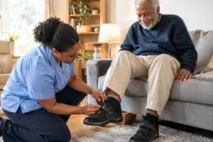 Caregiver man velcro shoes Caregiver helping senior man put on velcro adaptive shoes