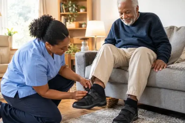Caregiver man velcro shoes Caregiver helping senior man put on velcro adaptive shoes