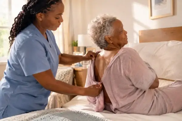 Caregiver open back top Caregiver helping senior woman with an open-back top