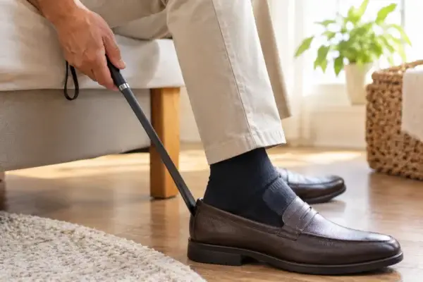 Long handled shoe horn use Senior man using a long handled shoe horn