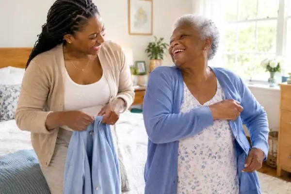 Mother daughter dressing Adult daughter helping her senior mother put on a cardigan, both laughing