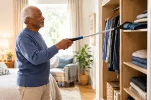 Reacher grabber tool use Senior man using a reacher grabber tool to reach clothing on a shelf
