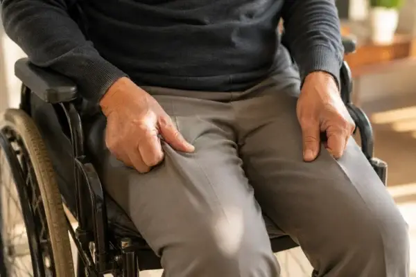 Seated-fit pants close-up optimized Close-up of hands adjusting seated-fit pants in a wheelchair