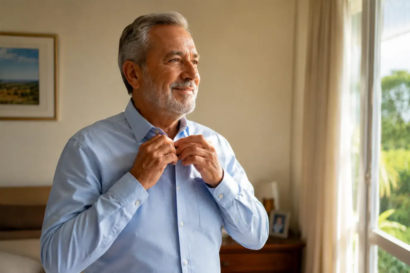 Senior man buttoning a shirt by the window, smiling