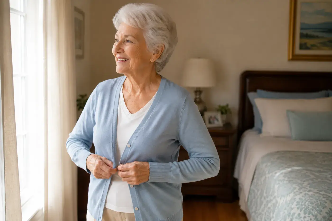 Senior woman buttoning a cardigan by the window