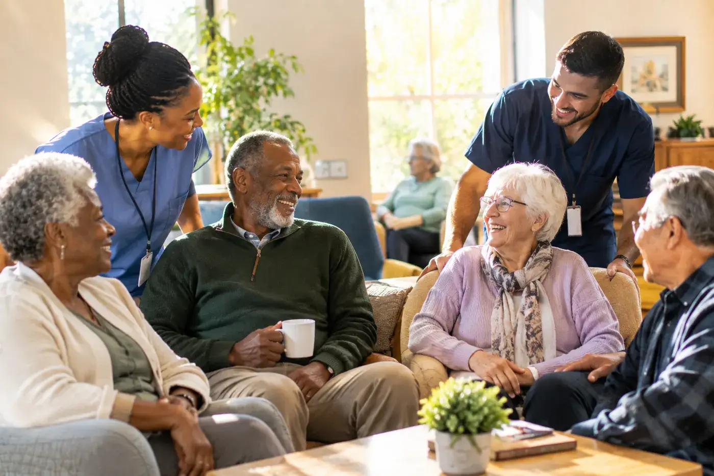 Diverse group of seniors and caregivers socializing together