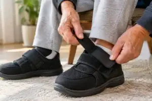 Close-up of hands fastening velcro adaptive shoes