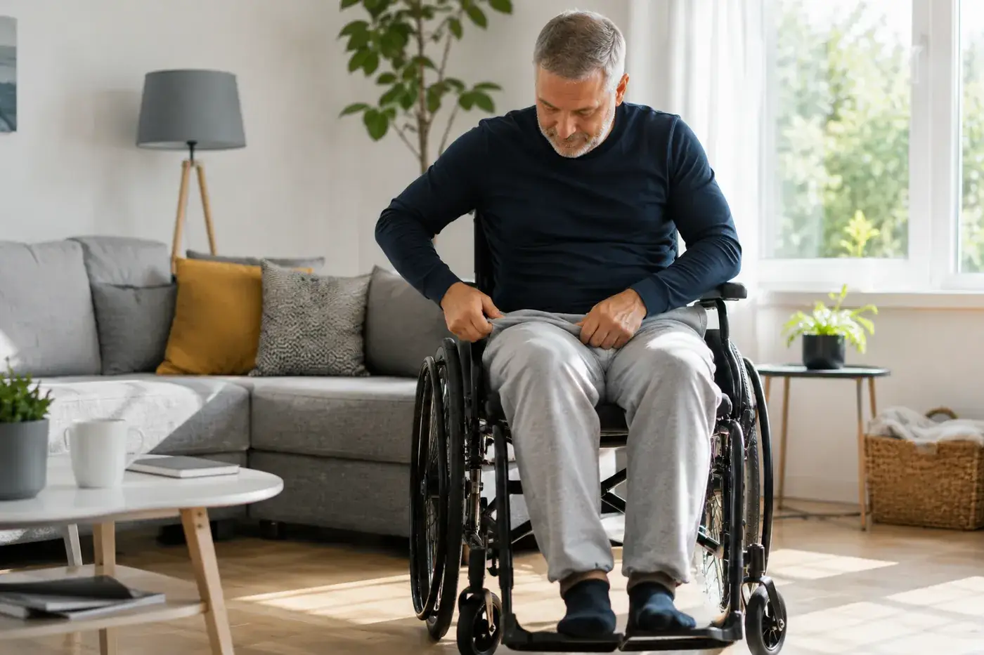 Man in a wheelchair adjusting seated-fit pants