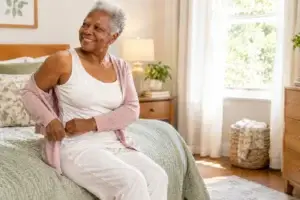 Senior woman putting on a cardigan while sitting on the bed