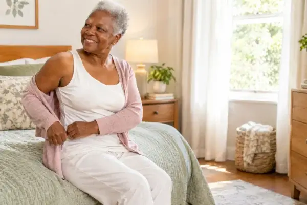 Woman cardigan bedside Senior woman putting on a cardigan while sitting on the bed