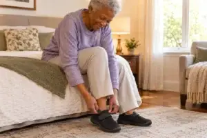 Woman velcro shoes Senior woman putting on adaptive velcro shoes